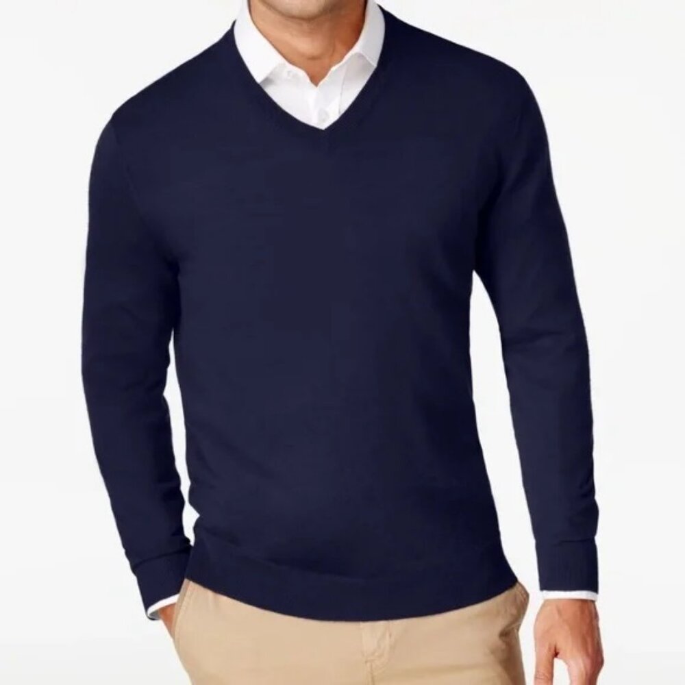 Club Room Estate Club 2 Ply 100% Cashmere Navy Blue Vneck Sweater Mens Medium